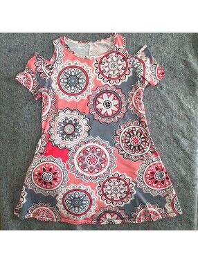 XXL Cold Shoulder Dress Pockets Coral Gray Mandala Print Tunic Summer Knit 2XL